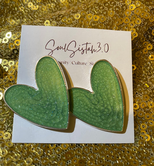 Green Heart Resin Earrings