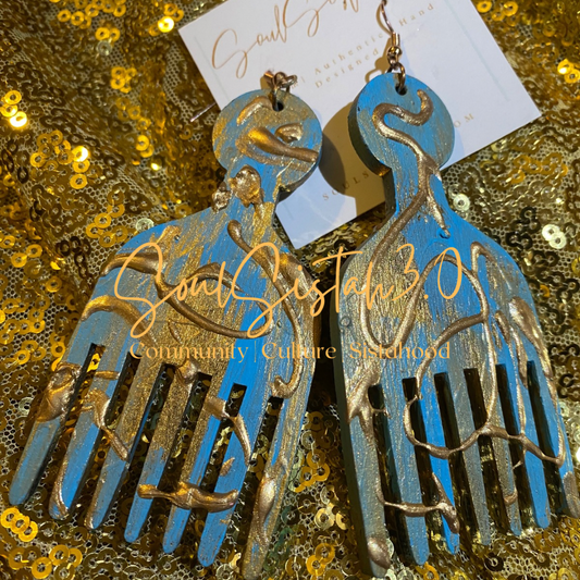 Custom Turquoise and Gold AfroPick Earrings