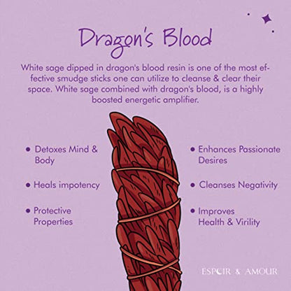 ESPOIR & AMOUR Dragon's Blood Sage - 3 Spiritual Dragon Blood Sage Sticks for Smudging, Healing and Ritual | Sustainably Harvested 4 Inch Red Sage Smudge Stick to Protect from Negativity