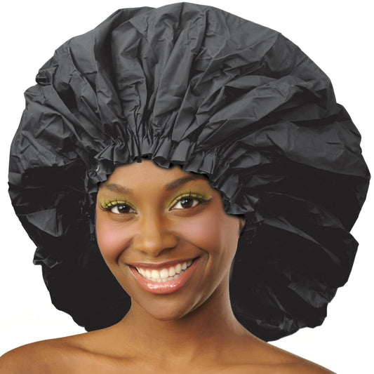 Donna Super Jumbo Shower Cap Waterproof Material 1pc for Women or Men Shower Cap for Roller Sets, Afros, Twist, Silk Wraps and More Reusable (BLACK COLOR)